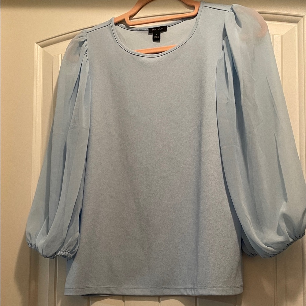 Ann Taylor Light Blue Blouse with Sheer Puff Sleeves